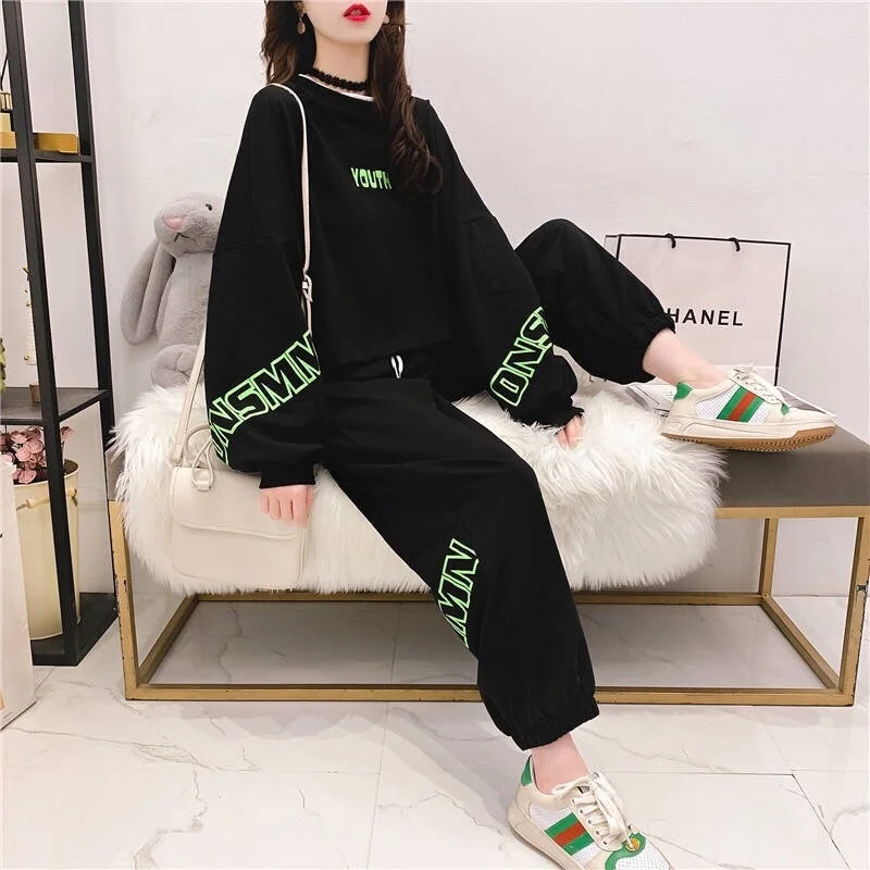 Women\'s 2023 New Spring And Autumn Sports Suit Large Korean Style Student Long Sleeve Hooded Tops And Pants Loose Two Piece Sets