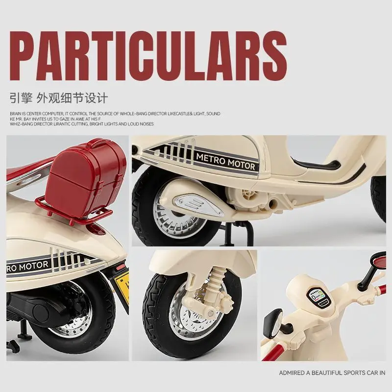 1:12 Style Retro Scooter Diecast Alloy Model with Steering Sound Light for Hobbyists Collection Display