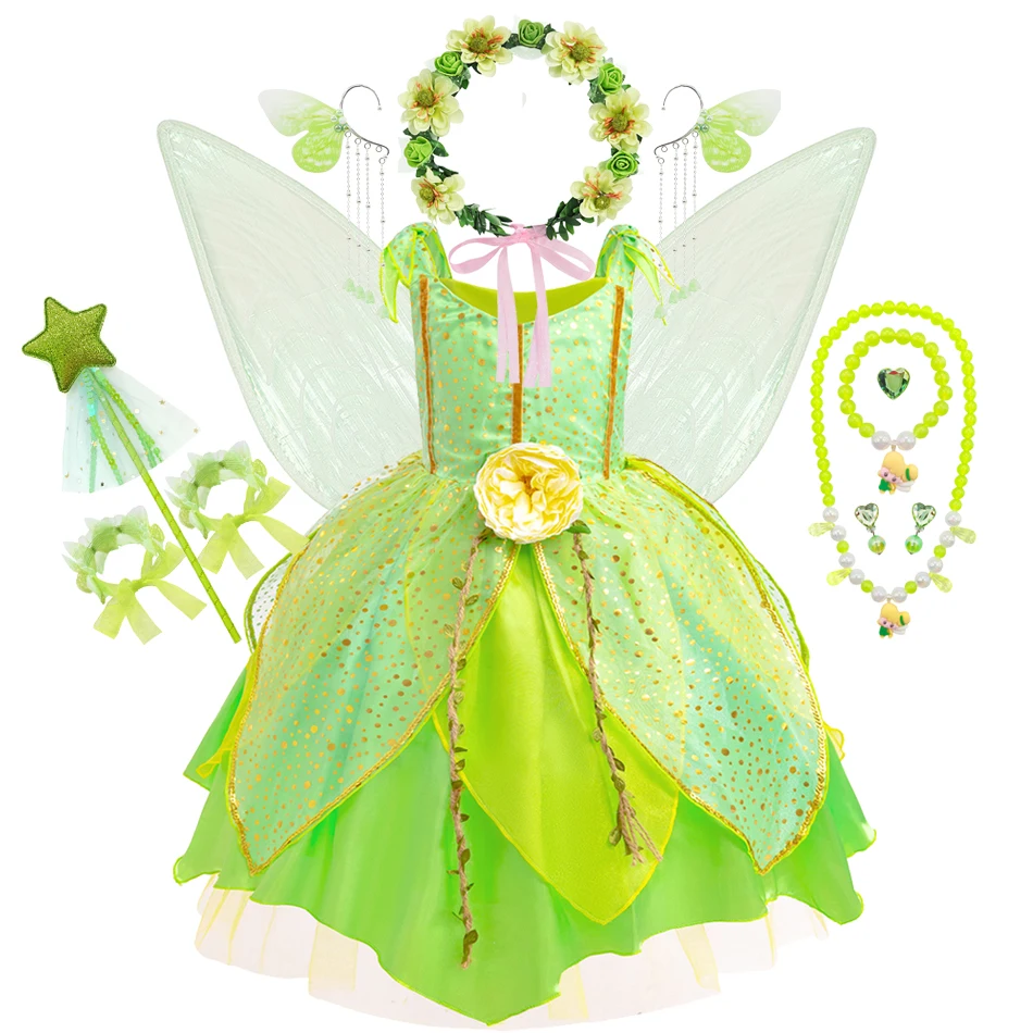 Girls Tinker Bell Fairy Wings Set Elf Character Show Clothes Birthday Party Dress 3-10 Years Old Must-have for Halloween