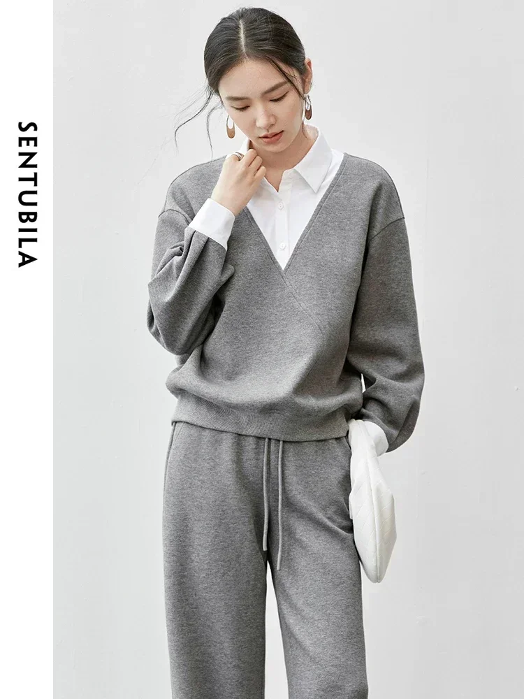 SENTUBILA Women Pant Set 2024 Autumn Patchwork 2 in 1 Sweatshirt High Waist Straight Trousers 2 Piece Set New Sets 143Z56036
