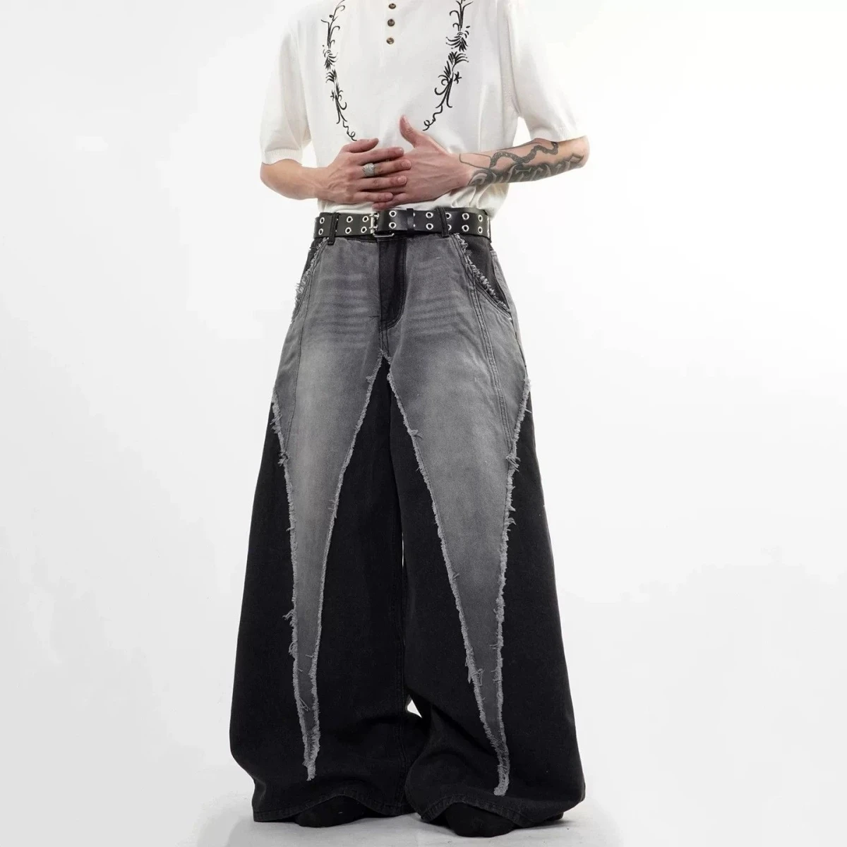 Retro Heavyweight Deconstructed Frayed Denim Jeans Loose Wide Legged Unisex Vintage Washed Street Style Long Trousers