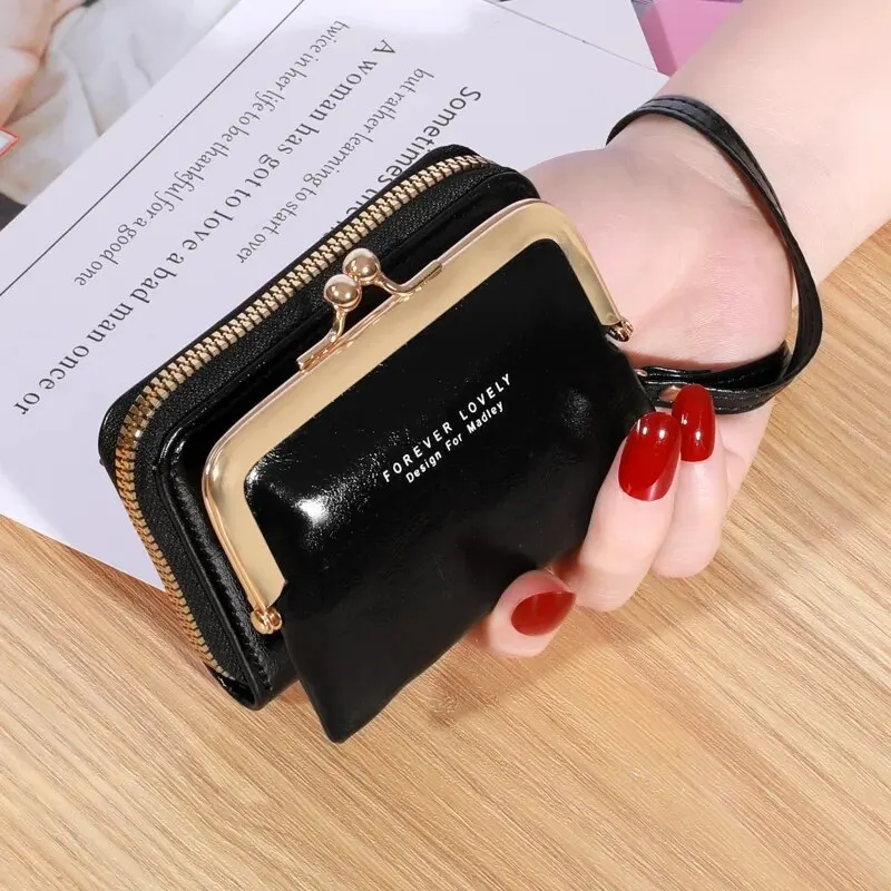 Cartera con correa para la muñeca para mujer, cartera corta de cuero con cera de aceite, Zero, gran capacidad, bolso con letras, tarjetero