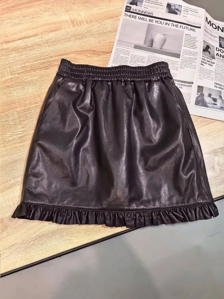 Sweet Women Slim Fit A Line Ruffles Wrap Skirt Elastic Waist Soft Sheepskin Genuine Leather Skirt Casual Streetwear Autumn Skirt