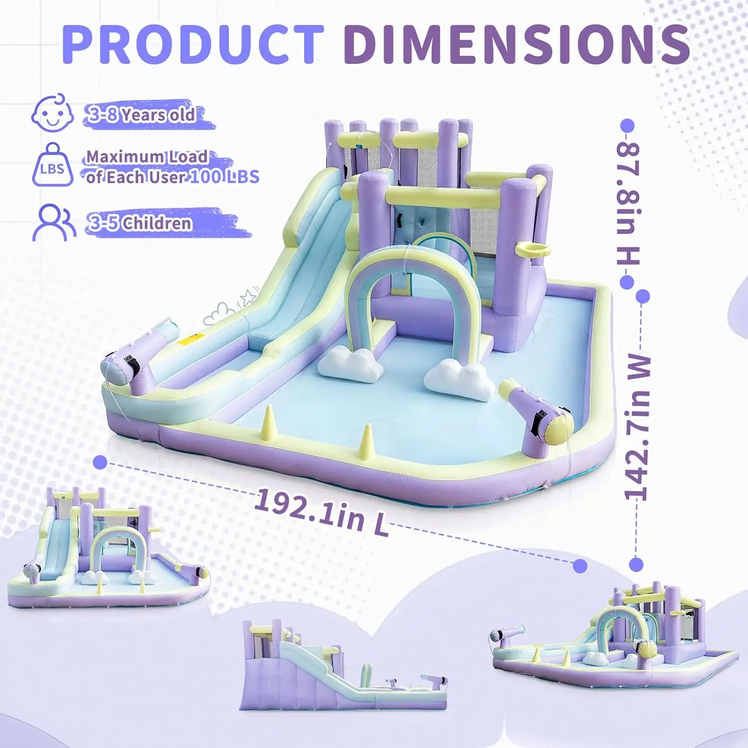 Inflatable Bounce House with Rainbow Arch and Extra Long Water Slide | Outdoor Bouncy Castle, Included 750W Blower, Splash Pool, view 2