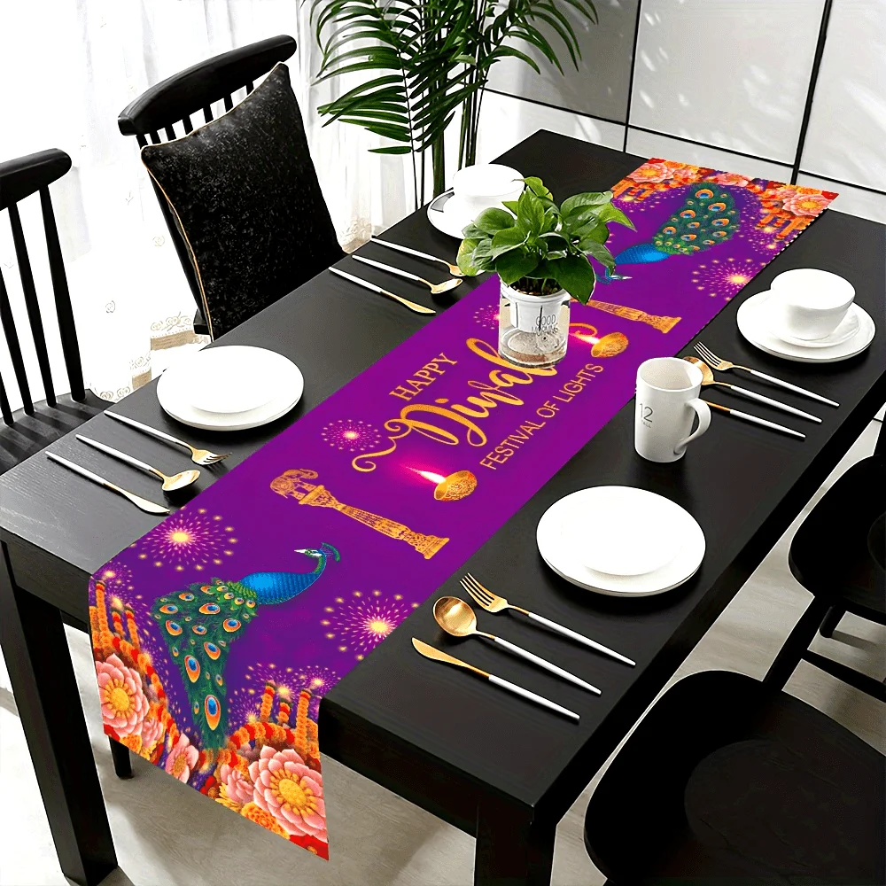 Happy Diwali Festival of Lights Linen Table Runner Holiday Party Decor Reusable Kitchen Dining Table Runner Diwali Decorations