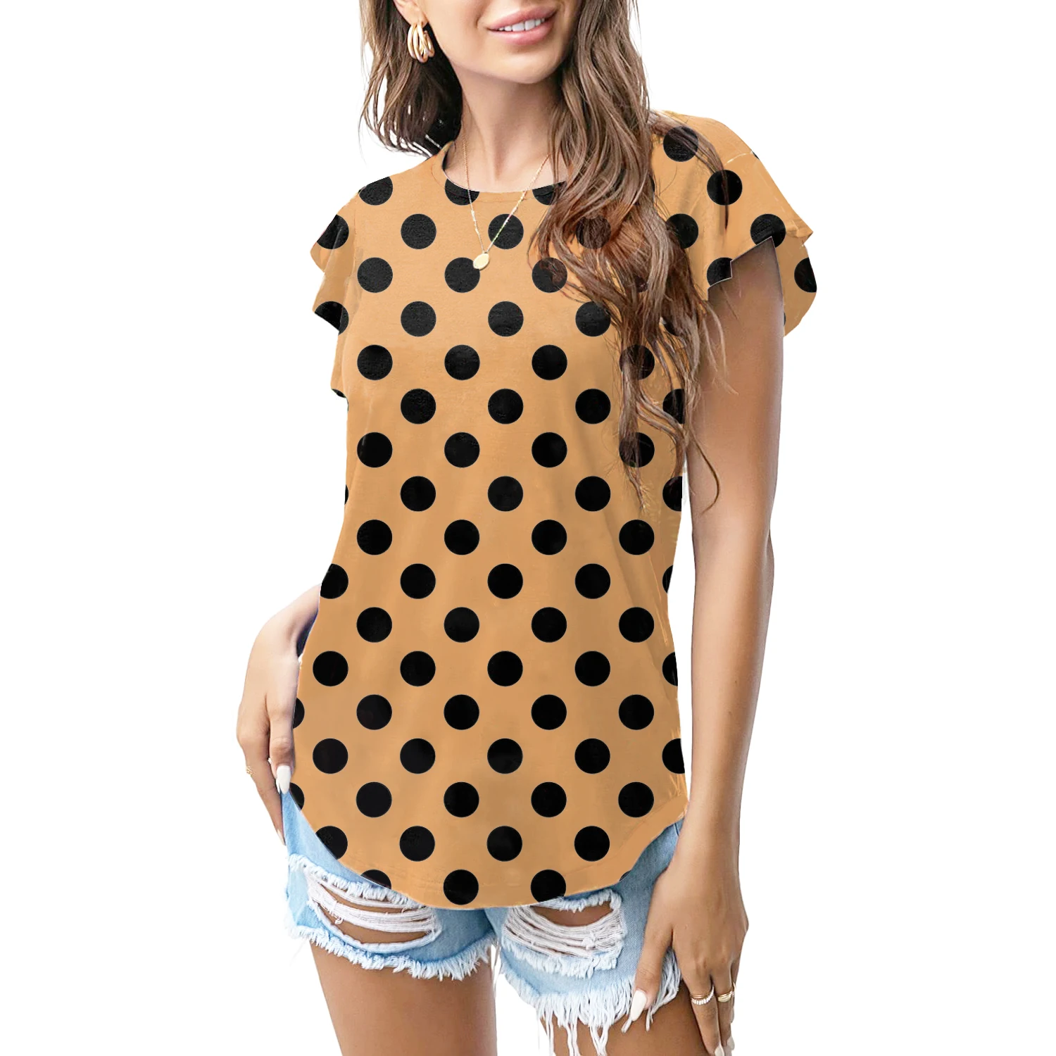 

Летняя женская футболка с рукавами в виде листьев лотоса и круглым вырезом, дизайн в горошек, индивидуальная модная женская одежда, дышащая