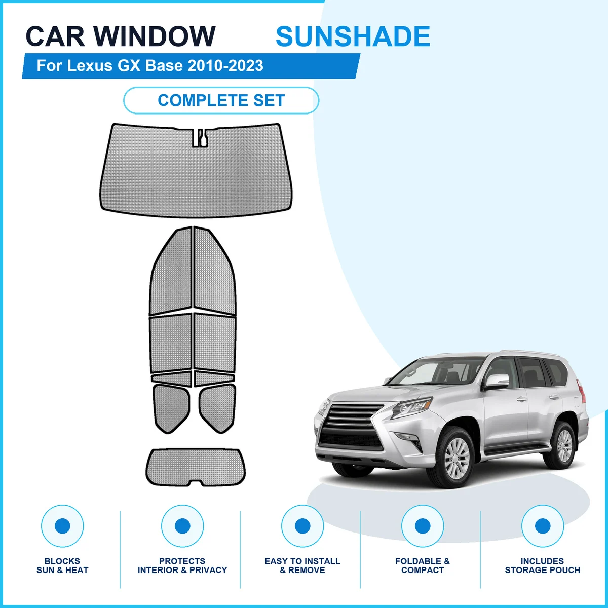 For Lexus GX Base 2010-2023 Custom Full Set Window Sunshades Aluminum Foil Suction Cup Anti UV Privacy