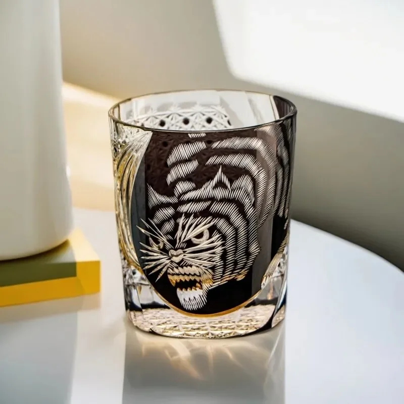 Fierce Tiger Edo Kiriko Hand Cut Crystal Whisky Glass Whiskey Cup Top Luxury Brandy Snifter Wineglass Best Gift For Dad Husband