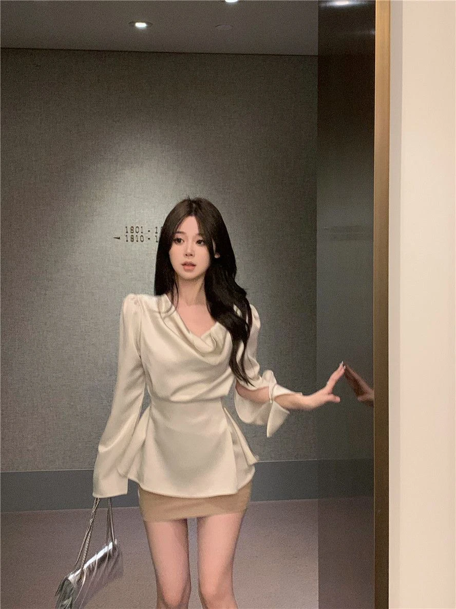 

Ele Pure Desire Sle Women's Satin irt Slimming Waist Design Versatile Spring Faionable Top Sweet Sle Long Sve ...