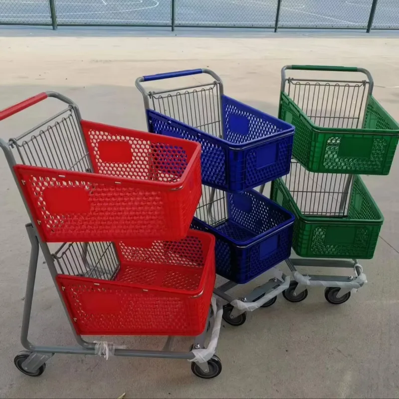 Double plastic shopping cart with metal frame