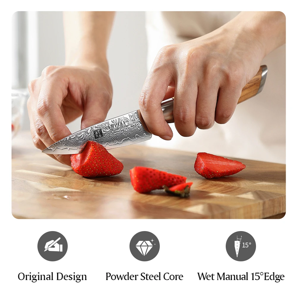 XINZUO 3.5\'\' Peeling Knife Damascus Steel Kitchen Fruit Knives Tools Power VG10 Core Razor Sharp Blade with Olive Wood Handle