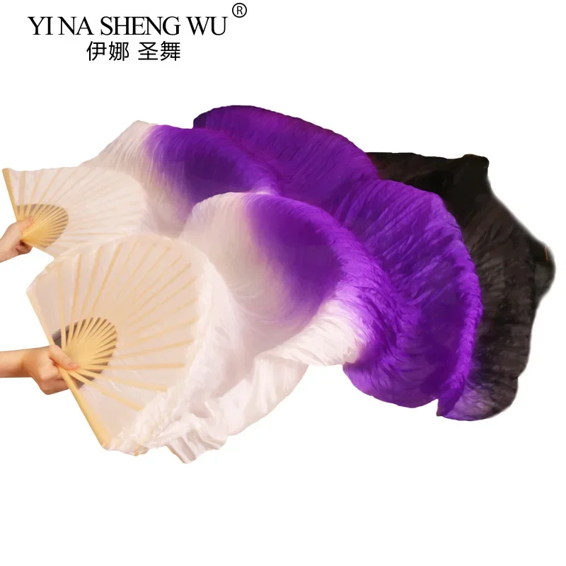 Customized 100% Real Silk Bamboo Ribs Dance Fans Belly Dancing Long Fans 1Pc Left+Right Hand White+Purple+Black Gradient Color