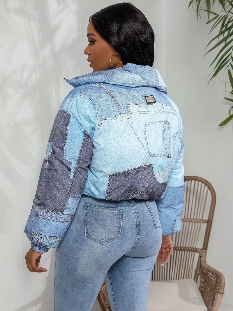 Jeans Printed Women Parkas 2023 Winter Fashion Stand Collar Long Sleeve Zipper Short Cotton Padded Jackets Tops Casual Coats