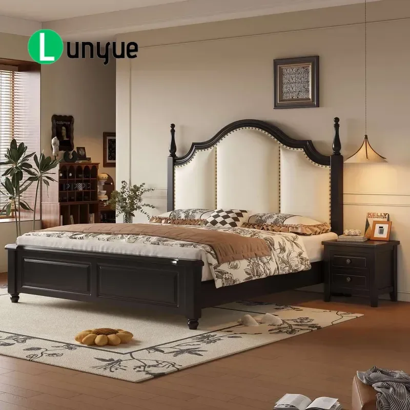 Medieval Solid Wood Bed American Style Upholstered French Flannel Double Bed 1.8m 2m Large Master Bedroom Storage Furniture