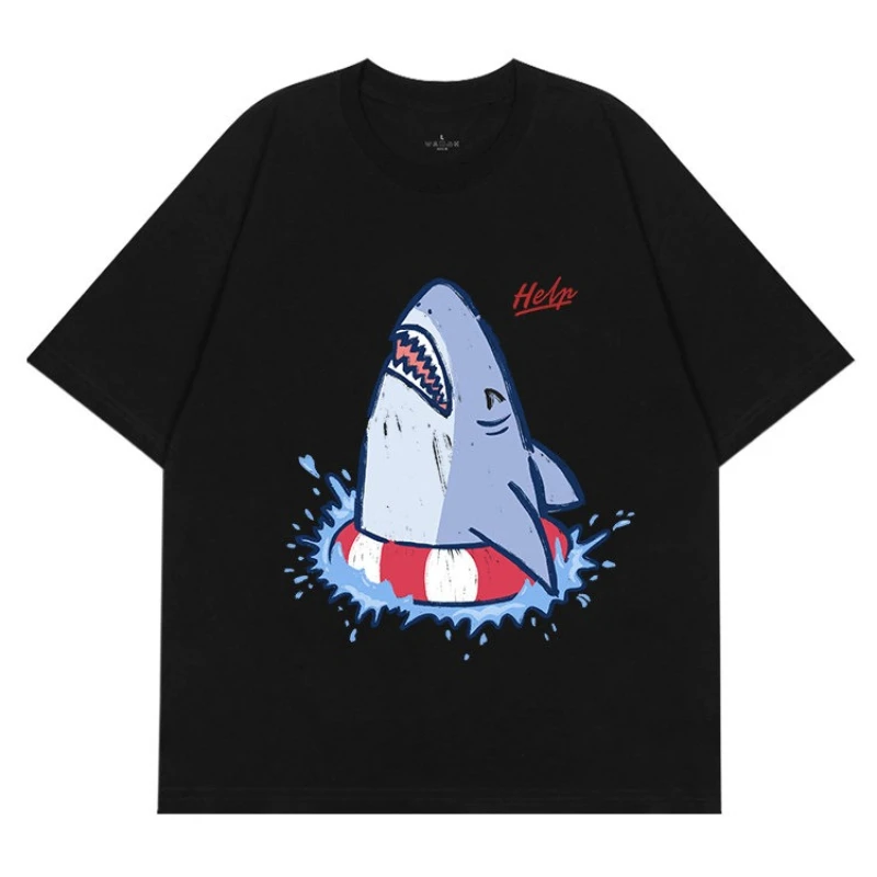 Drowning Shark Creative Pure Cotton Breathable Loose Men's and Women's Casual Short Sleeve Shirt