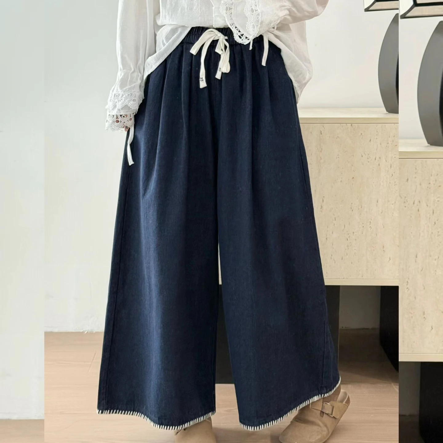 

Японские винтажные джинсовые широкие брюки Mori Girl, женские осенние новые повседневные свободные джинсы на шнуровке с эластичной резинкой на талии, прямые брюки