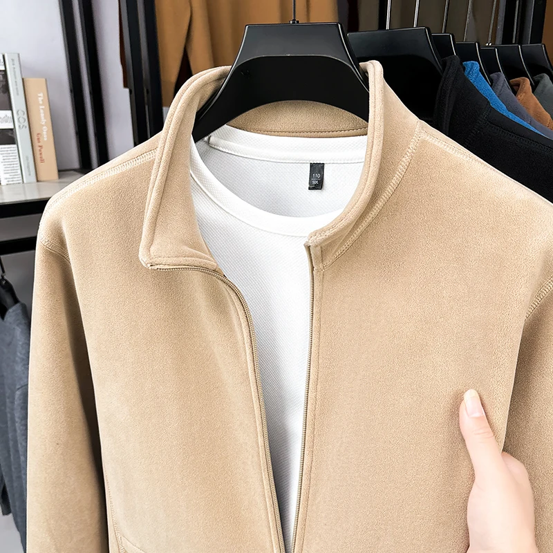 

High quality solid color men's cardigan fashion stand up collar warmth plush thicken pockets autumn winter casual jacket coat