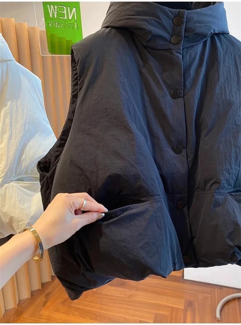 2025 New Chic Hooded Down Vest Jakcet Women Autumn Winter Warm Short Waistcoats Ladies Female Loose Warm Sleeveless Outwear