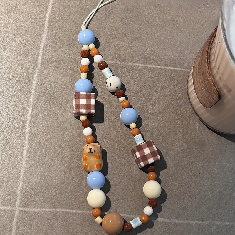 Korea Cute Brown Puppy Grid Block Blue Bead Beaded Phone Chain Charm Lanyard For iPhone 16 Samsung Universal Accessories Jewelry