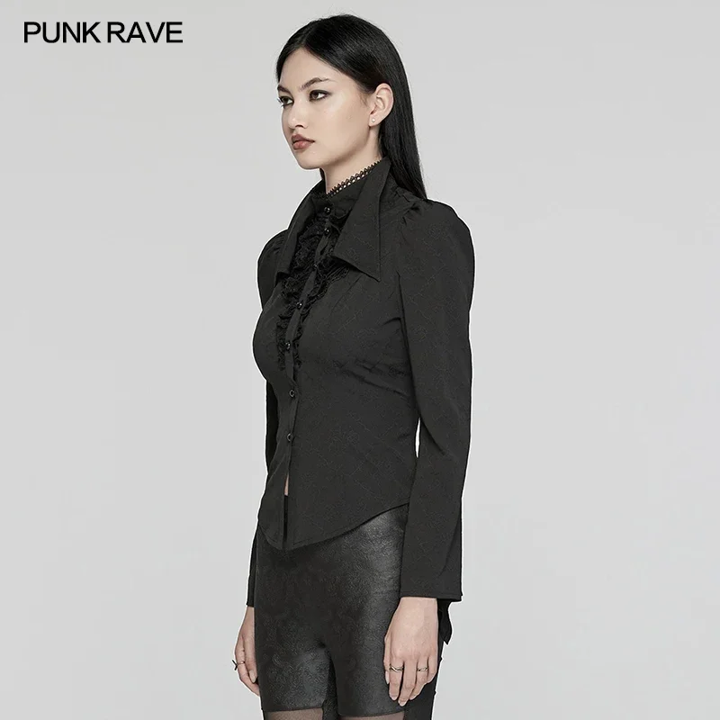 PUNK RAVE Women's Gothic Double-collar Lace Splicing Drawstring Shirt Stand Collars Slightly Sexy Slim Tops Women Clothing