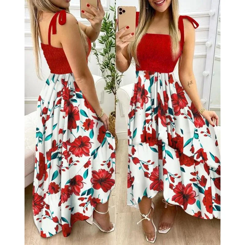 

Summer Sexy Spaghetti Strap Floral Print Maxi Dress For Women 2024 Casual Elegant Chest Wrap Long Woman Beach Dress Holiday