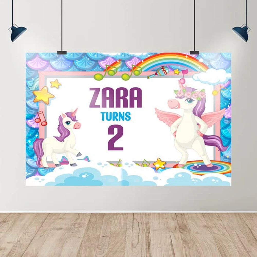 Cartoon Unicorn Rainbow Color Balloon Cake Banner Decoration Customized Girl Boy Baby Birthday Show Photography Background Banne