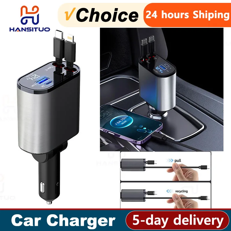 100W 4 IN 1 Retractable Car Charger USB Type C Cable For IPhone Huawei Samsung Fast Charge Cord Cigarette Lighter Adapter X4W3