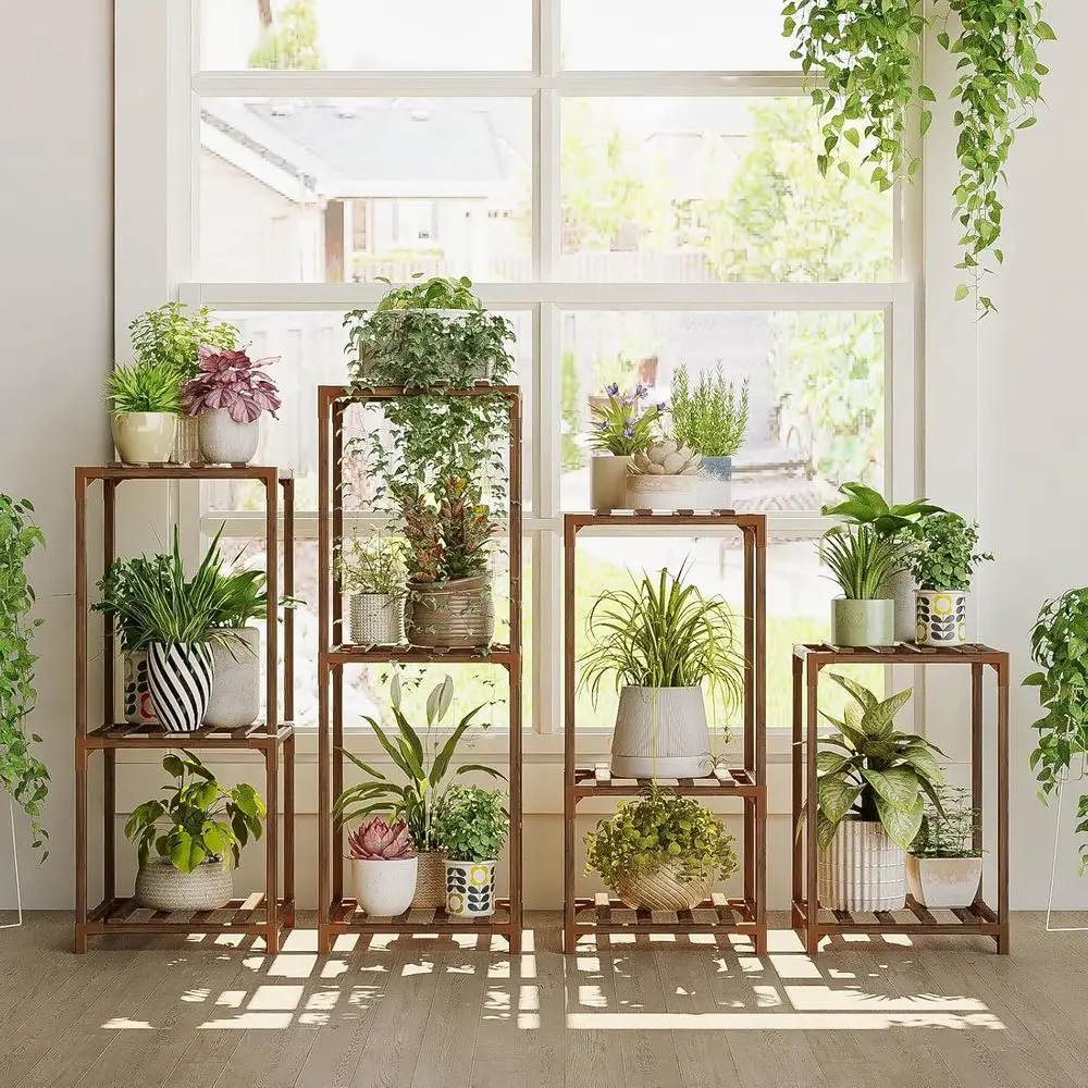 Plant Stands Indoor 4 Sets Plant Shelves Outdoor Wooden Plant Holder or Multiple Plants lower Stands or Living Room Balcony Gard