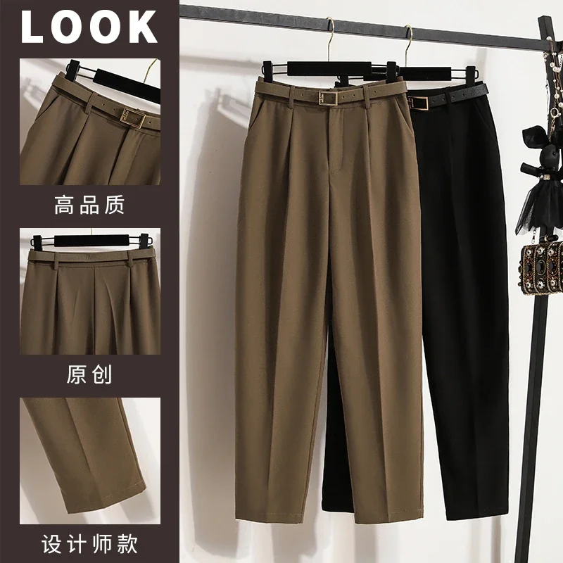 Moda terno harem calças para mulheres solto elástico de cintura alta calças retas casuais com cinto tornozelo comprimento calças largas perna mujer