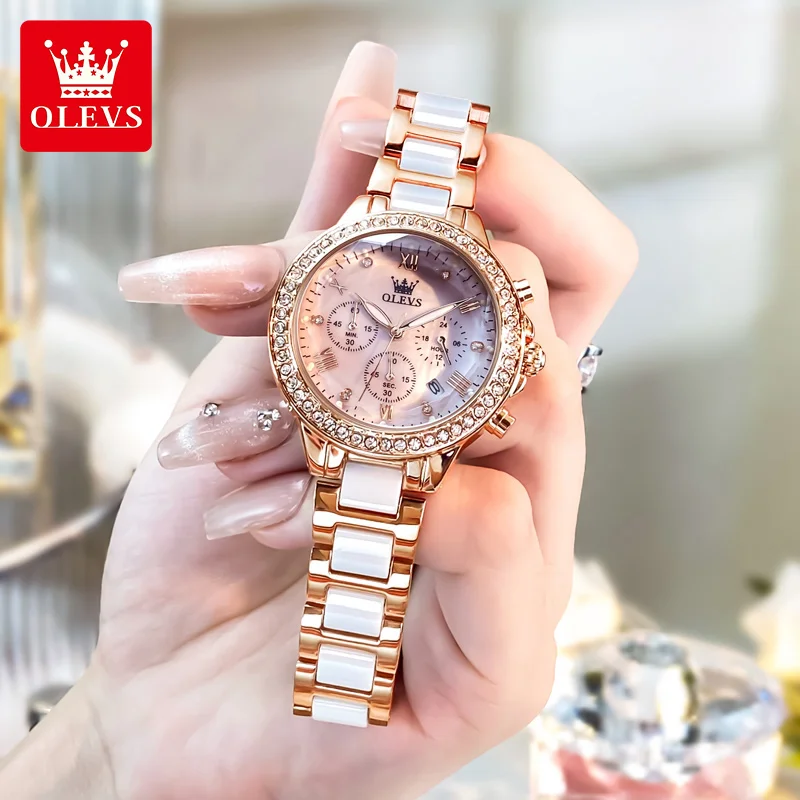 OLEVS 9999 Women Watch Brand Original Elegant Waterproof Chronograph Luxury Ceramic Dress Pink Women Quartz Watch Reloj Mujer