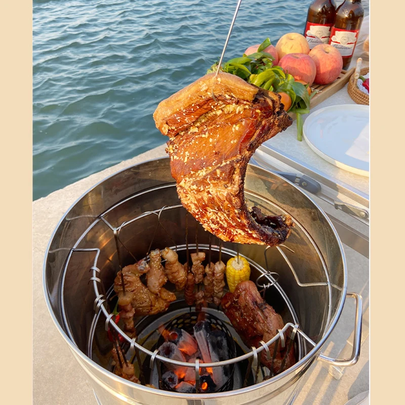 Stainless Steel Hanging BBQ Grill with Charcoal Rack and 100 Skewers – Smoke-Free Outdoor Camping Grill and Hanging Chicken Gri