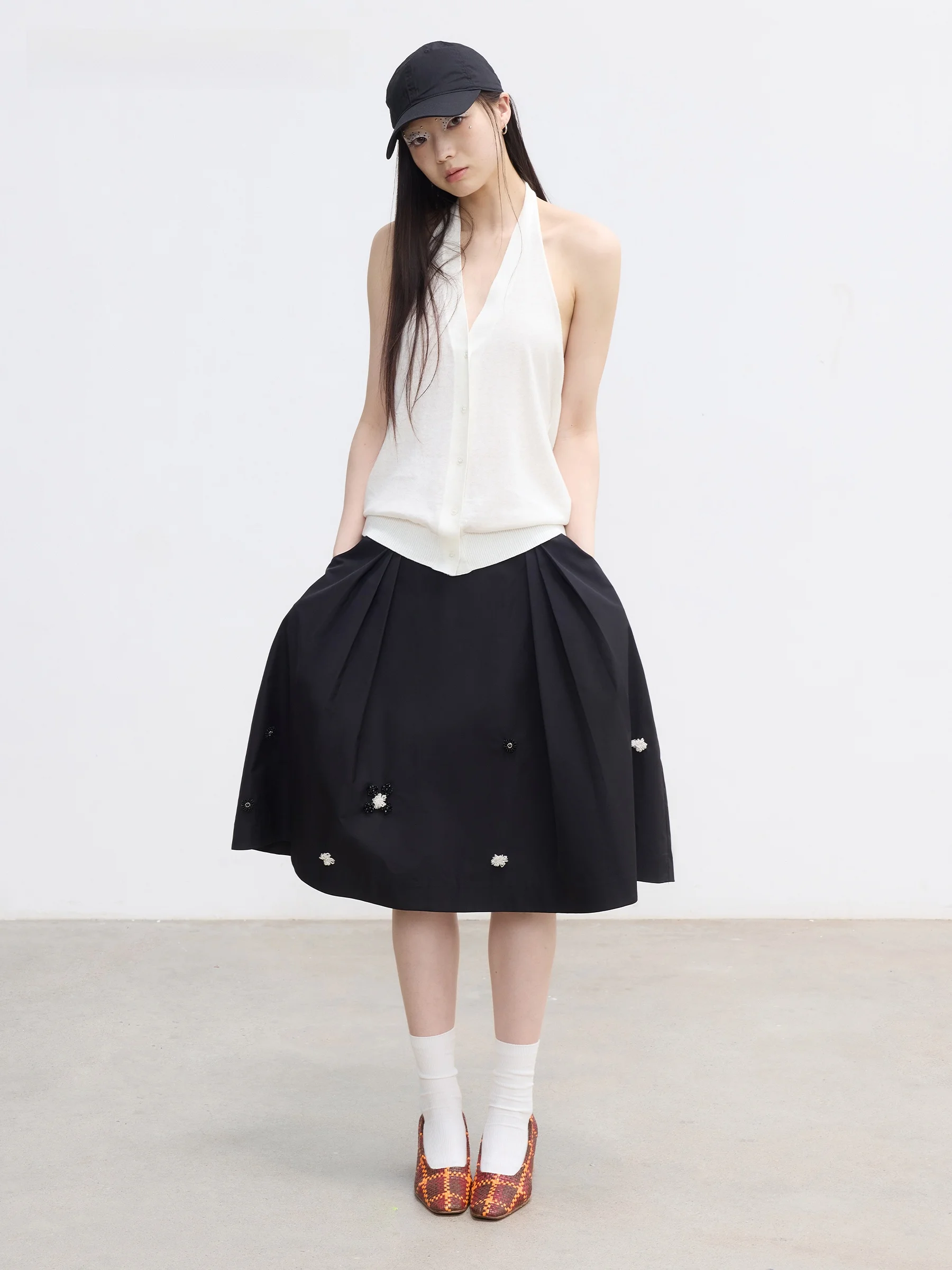 

VERMO Handmade Beaded A-Line Midi Skirt Half Body Decorative Pleat Flared Low Waist Polyester Fiber Cotton Summer 2026