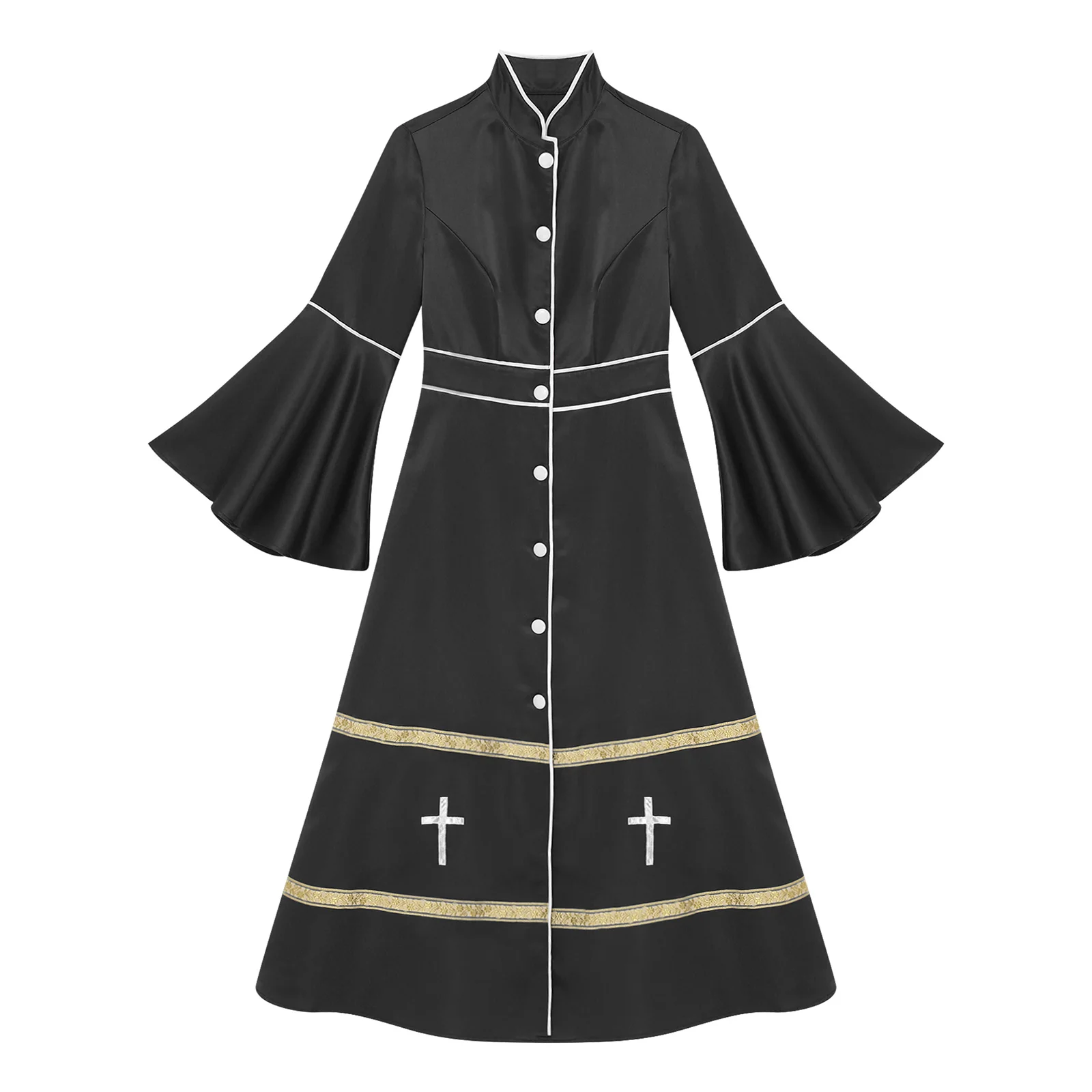 Women Long Sleeve Cassock Pastor Robe Church Choir Gown Priest Dress Pulpit Liturgical Vestment Halloween Clergy Cosplay Costume