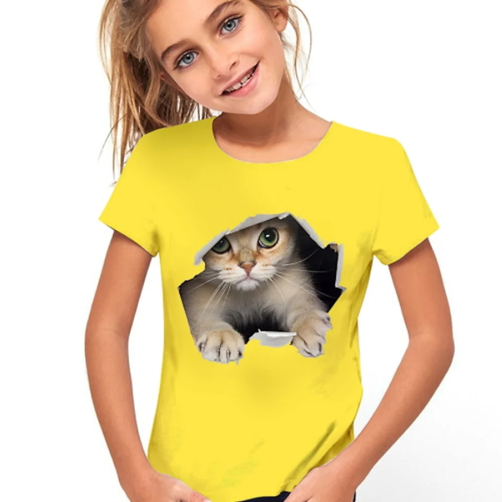 Camiseta con estampado 3d de gato para niñas, camisetas con bonitos viñetas de animales para niñas, camiseta de regalo para niños, Top informal de manga corta, ropa para niños 2025