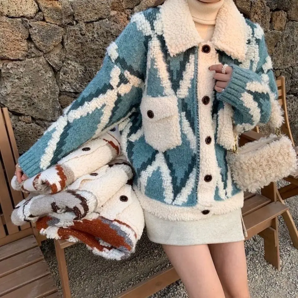 Spring Fall Winter Women Plaids Sweater Coat Lambswool Hair Stitching Turn Down Collar Thickened Knitted Cardigan Fleece Tops