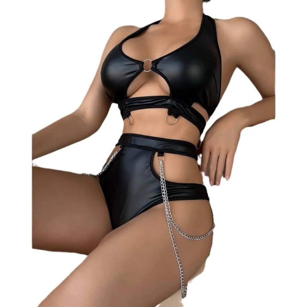 Women Sexy PU Leather Jumpsuit Lingerie Sleeveless Catsuit Bodystocking Clubwear Baby Doll Hot Cosplay Uniform Garter Bra Sets