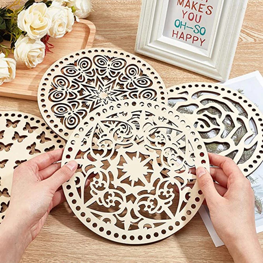 2pc 5.4 Inch Natural Wooden Basket Bottom Snowflake Butterfly Circle Blank Hollow Crochet Basket for DIY Knitting Bag