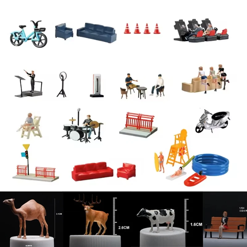 Miniaturas pintadas, accesorios de escena 1/64, parachoques para sofá, coche, inodoro de animales, consola de juegos de piscina, motocicleta, bicicleta, figura, modelo de juguete