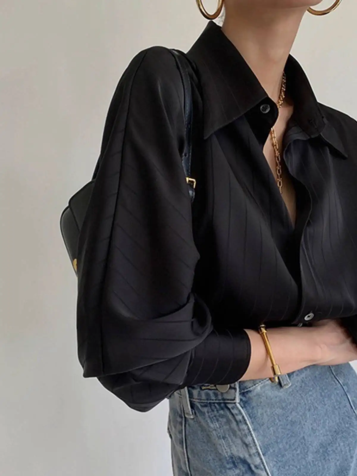 

Premium Acetate Satin Silk Shirt Women's French Stripe Spring Autumn Retro Hong Kong Chic Shoulder Forward Layered Top