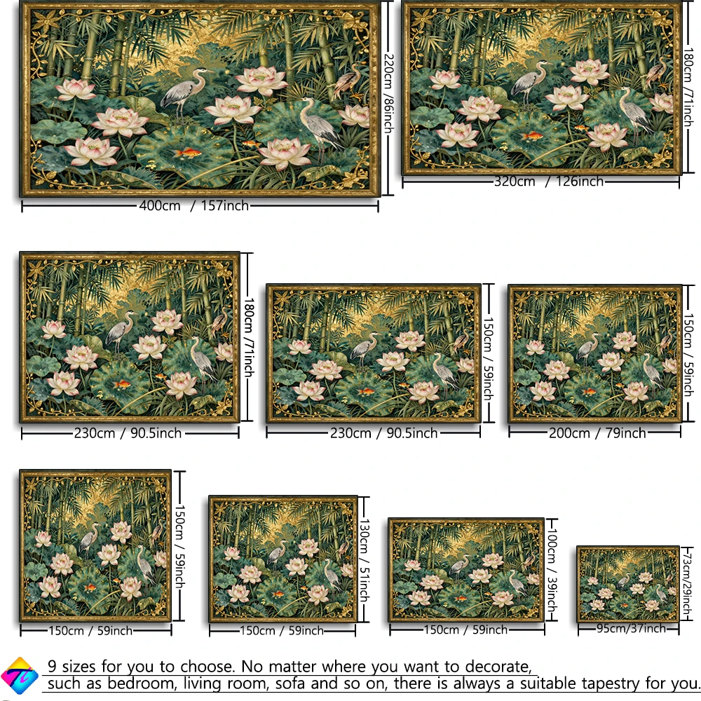 Chinese Lotus Bamboo Grove Egret Pattern Tapestry Wall Hanging Bohemian Style Living Room Bedroom Home Decor