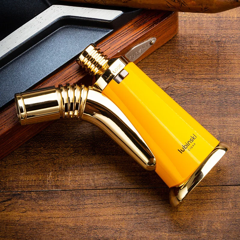 LUBINSKI Desktop Cigar Lighter Metal Lock Fire Single Straight Blue Flame Atmospheric Chamber Inflatable Cigarette Lighter