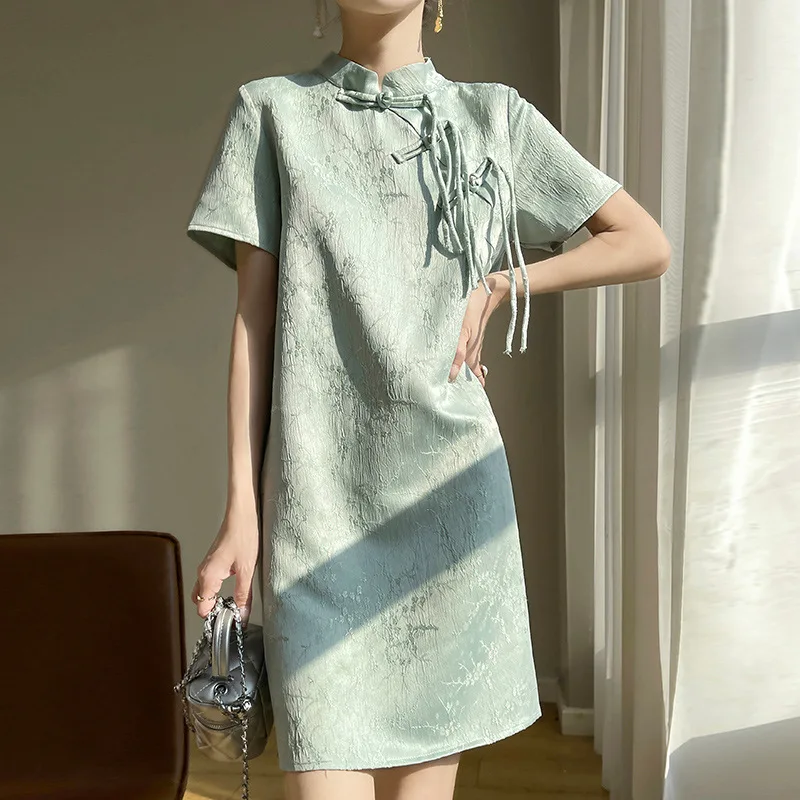 

GG071 Ancient style spring and summer acetate satin dress heavy woven flower cheongsam skirt half sleeves