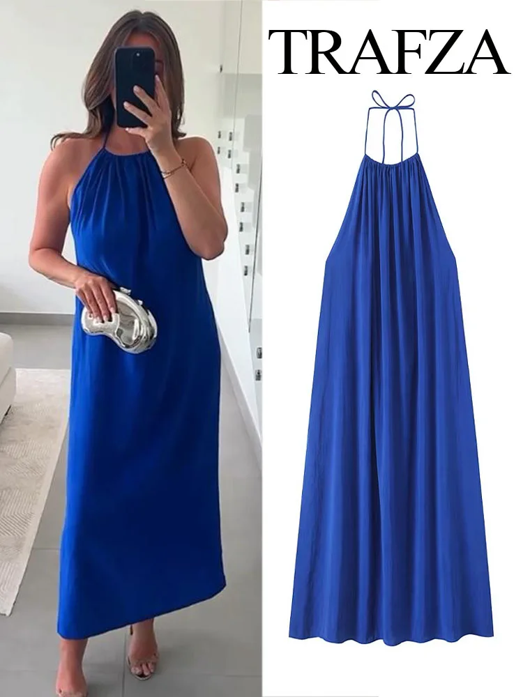 

TRAFZA Women Summer Fashion Sexy Backless Sleeveless Dress Female Elegant Hanging Neck Collar Lace-up Slim Drooping Midi Dress
