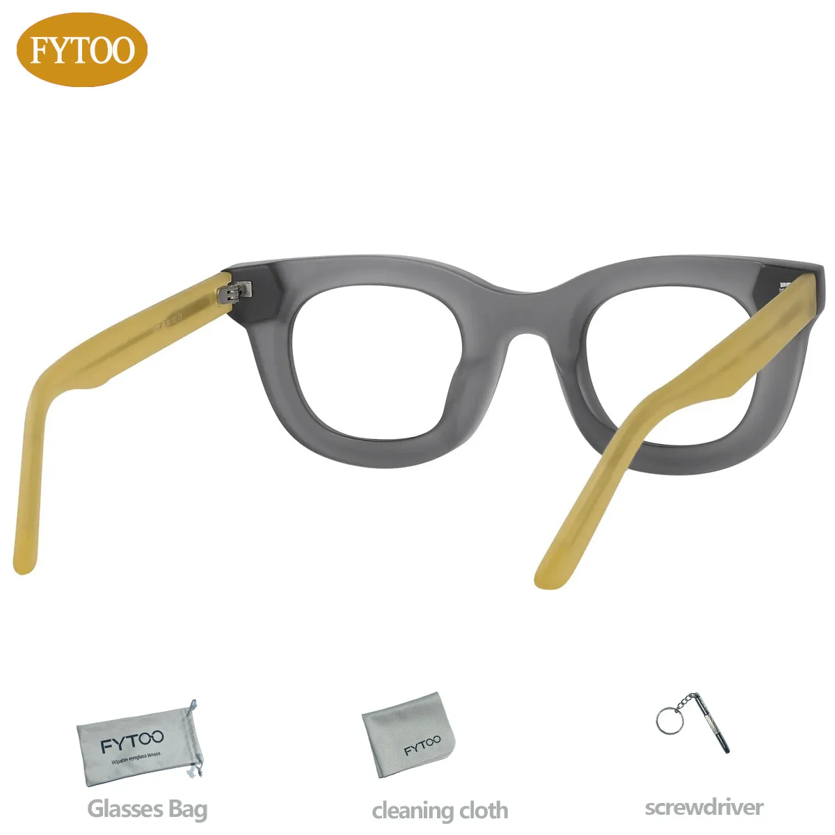 FYTOO Niche Cool Gray-Yellow Retro Round Glasses Accessories Included Durable Acetate, Unisex.1437-C1&K
