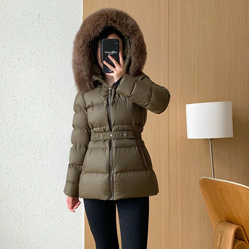 High Quality Light Luxury Women Down Jacket 2024 New Winter Warm Hooded Temperament Fox Hair Collar Slim Down Jacket Women Y242