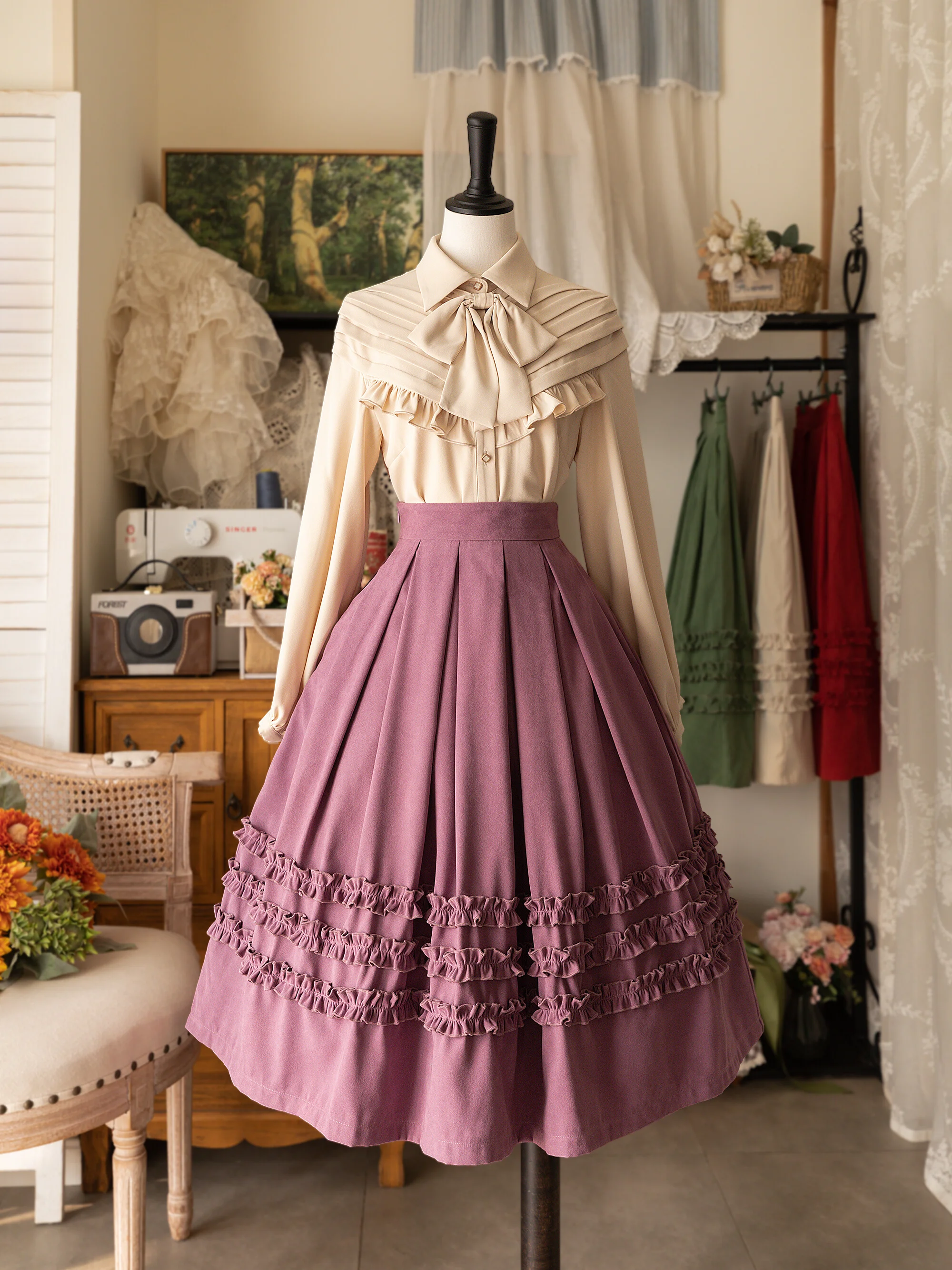 Wooden Ear Skirt Original Elegant Ladies Retro Spring and Autumn Solid Color Long A-line Skirt Fashion Ball Gown Skirts