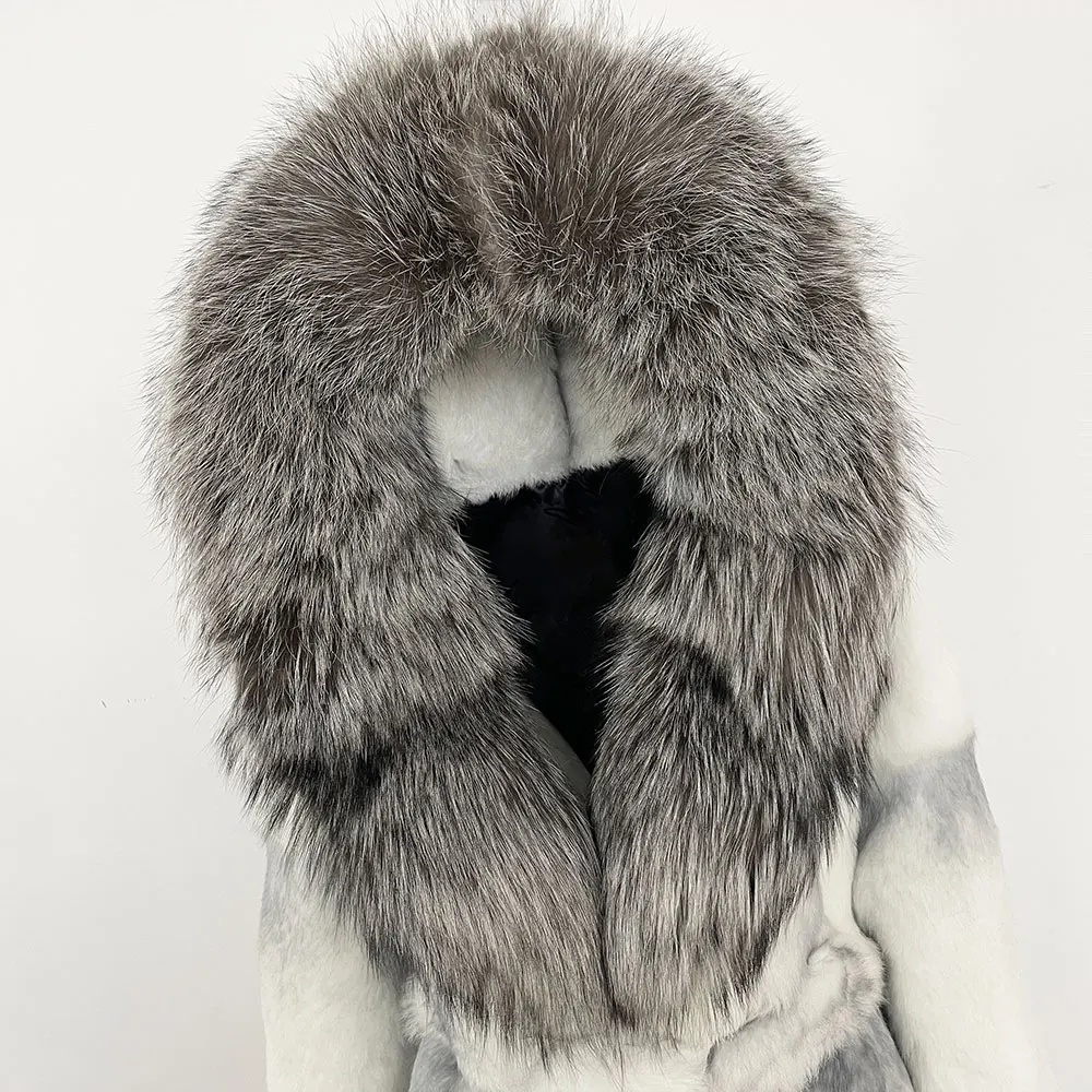 OFTBUY 天然ウサギのジャケットの女性 2025 新しい秋冬暖かい厚いリアルキツネの毛皮のコート女性ロングフード付きベルト服女性