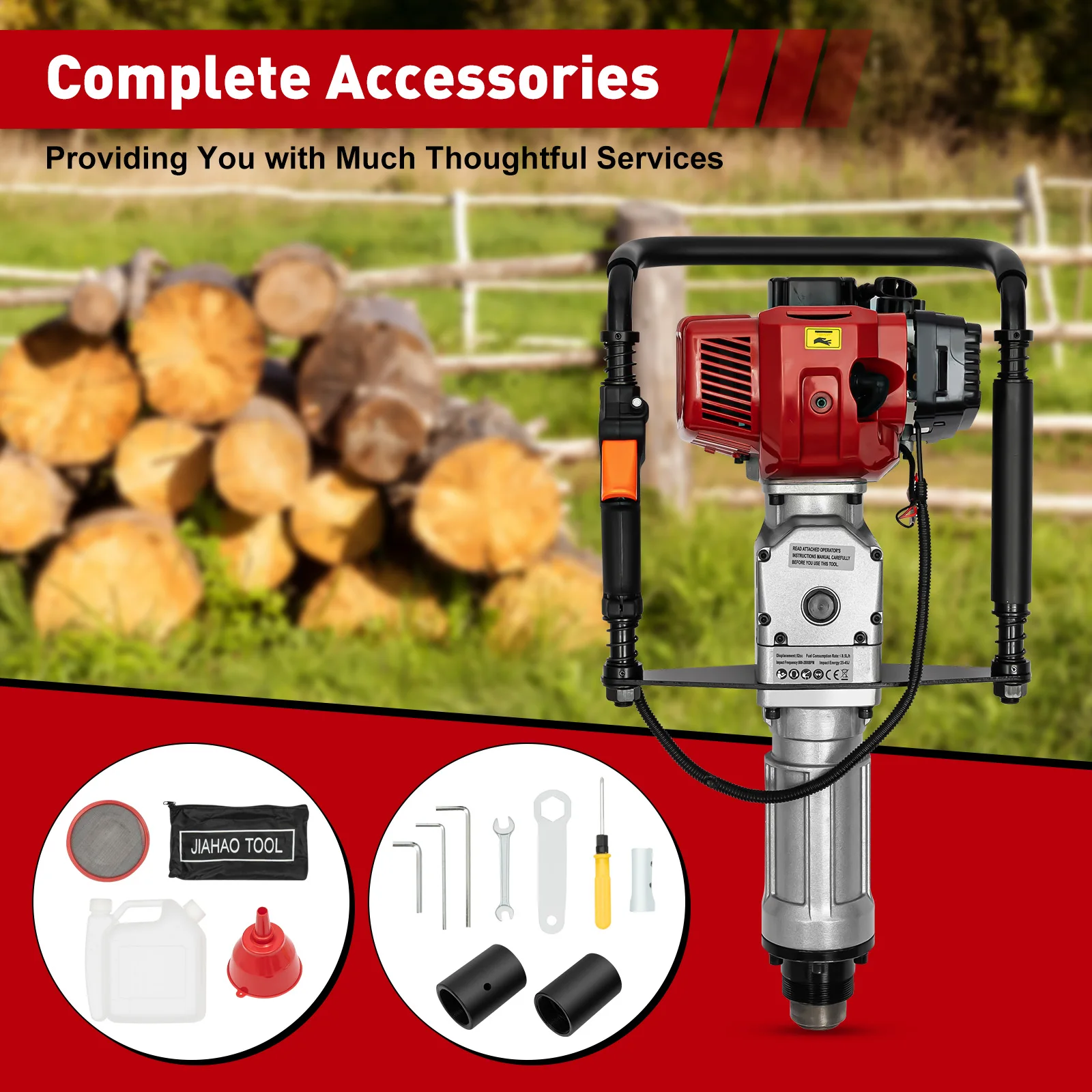 Gas Powered Post Driver, 52cc Gasoline Post Driver, 1900W Petrol Pile Driver, Hand Pull Start 2-Stroke Engine, 25-45J Impact, 800-2800BPM, for Fence Post Star Stake T Post, Includes 55mm 70mm Sockets