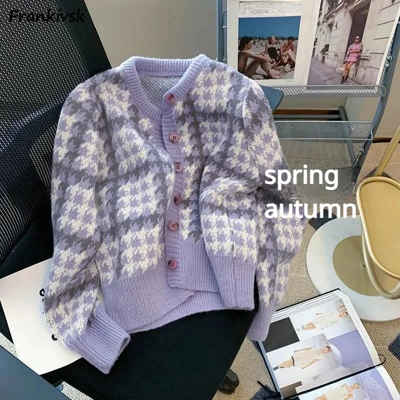 

Plaid Cardigan Women Lovely Chic Autumn All-match Cozy Basic V-neck Knitwear Schoolgirls Hot Sales Retro Elegant Loose Fit Daily