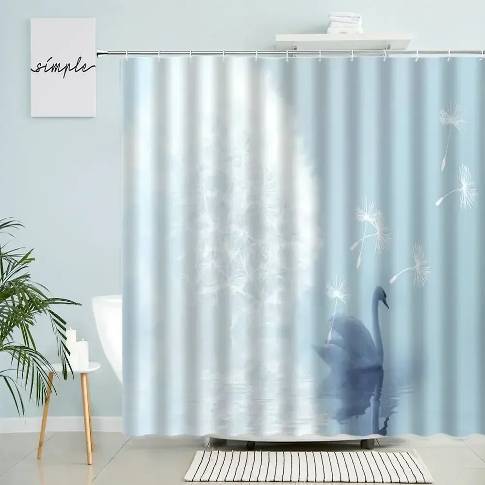 Dandelion Flower Shower Curtain Elegant White Floral Swan Lake Water Reflection Bathroom With Hook Waterproof Polyester Screen